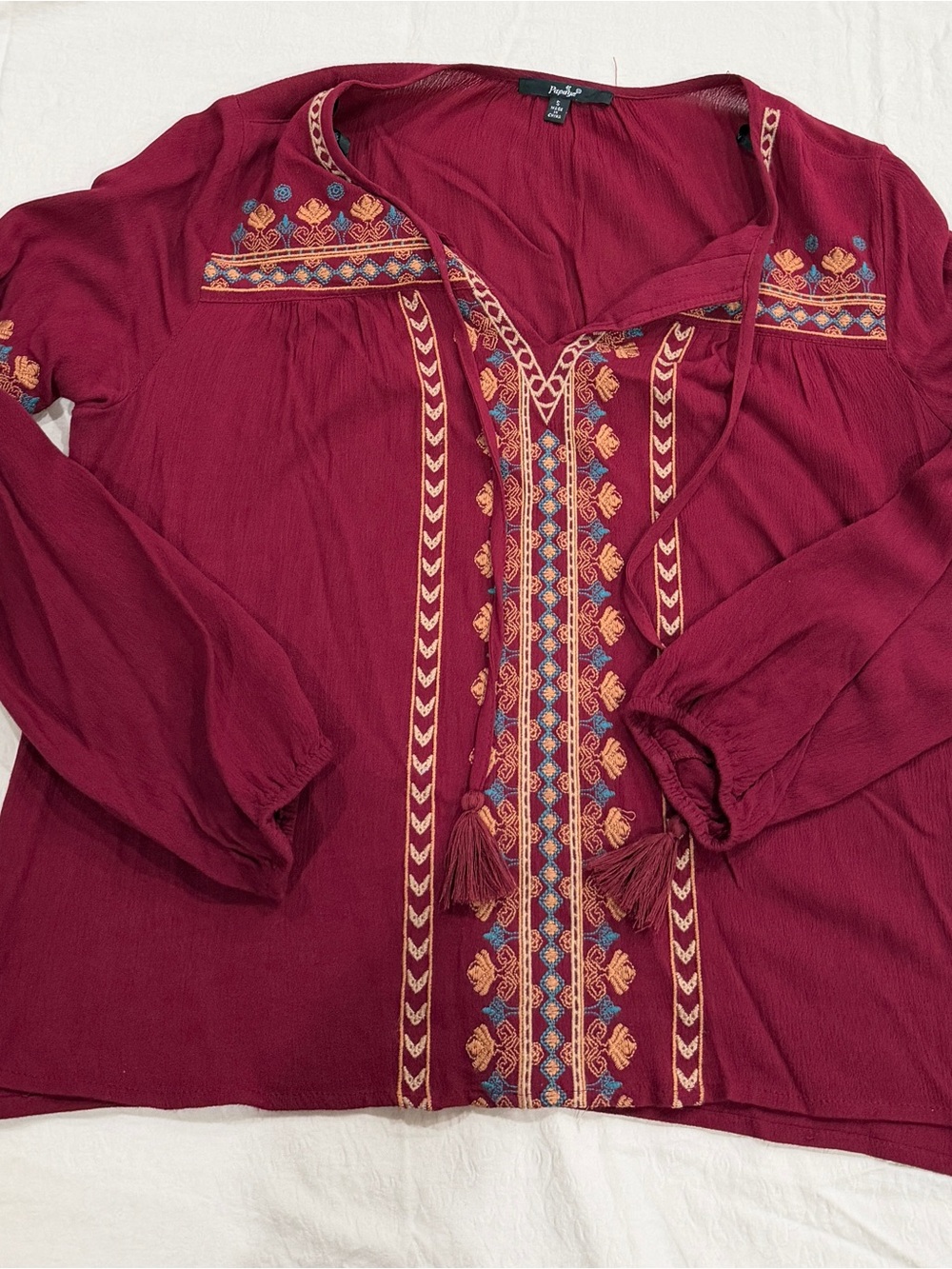 Papaya Burgundy Embroidered Tassel Peasant Tunic